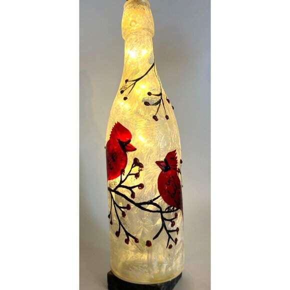 Hand Painted Bottle LED Starry Lights Winter Cardinal Scene Red Bird Christmas - Picture 2 of 9
